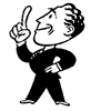 Black-and-white cartoon character in dark suit points upward with right index finger, left hand on hip, standing against white background.