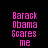 Pixelated pink text 'Barack Obama Scares me' on black background with blue horizontal bars shifting across the text in different positions.