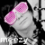 Pixelated grayscale image of a person wearing pink checkered sunglasses with visible text 'mezy' at bottom left.