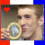 A person holds a circular object with a horse image, surrounded by red and blue border ; heart symbols change color across frames