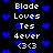 Pixelated text and blue hearts on black background, animated with shifting heart positions