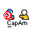 pixelated icons featuring a blue-and-white character with red accents holding a circular shield, interacting with yellow figures against gray backgrounds