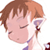 Pixelated cartoon-style icon of a character with closed eyes, brown hair, and purple ear accessory against white background.