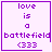 Four purple-bordered display pixelated text 'love is a battlefield (333)' with varying symbols at bottom-right