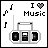 Pixel art of a boombox with musical notes and 'I Music' text, showing two states: gray heart icon and red heart icon.