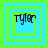 Four square display the name 'tyler' in black pixelated text on a light blue background, each bordered by green and blue concentric squares