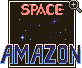 Pixel art icon with dark brown background, pink 'SPACE' text top, blue 'AMAZON' text bottom, scattered star pixels, and a magnifying glass symbol in the corner.