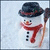 Pixelated snowman icon with black top hat, red scarf, and brown stick arms against light blue background.