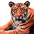 Pixelated static image of a tiger's head and upper body with orange-brown fur, black stripes, white facial markings, and dark eyes against a plain background.