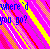 Pixelated text on a bright pink background with diagonal stripes in yellow, red, and orange.