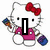 Hello Kitty character in pixel art style holding paintbrush and yarn with text overlays.