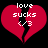 Two identical red broken hearts with white text 'love sucks <3' on black background, each heart split vertically into two halves.