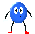Six pixelated blue oval figures with white eyes, black limbs, and red feet in various poses against a gray background.