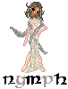 Pixel art of a female figure in a long gown with flowing sleeves, standing against a gray background, with text below.