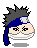 Pixelated character with spiky dark gray hair, blue headband, white mask covering lower face, and black eyes in four variations showing different mouth positions.