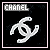 Two side-by-side pixelated images of a CHANEL logo with the text 'CHANEL' above it, each in a light pink frame on black background.