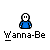 Pixelated character in blue shirt with white head, shown in multiple poses including standing, raising arms, and behind horizontal bars, with "Wanna-Be" text below.