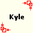 Red square-based pixel art icons with dot accents surround four instances of the text 'Kyle' on a light background.