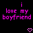 Pixelated pink text on black background reads 'i love my boyfriend' with two pixel hearts below, displayed in a static layout.
