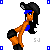 Pixel art contact sheet showing three animated frames of a cartoon character with orange skin, black hair, blue top, and black shorts in a bent-over pose with text "my goodies" below each frame.