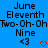 Blue background with black pixelated text reading June Eleventh Two-Oh-Oh-Nine and two heart symbols, one blue '<3' and one red '❤️'.