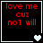 Four black square with red pixelated text "love me cui not will" and white border, each containing different heart symbols in bottom-right corner