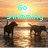 Pixelated sunset scene with four dark animal silhouettes in water, cyan text reading "Go swimming" and "Jump in a lake" overlaid.