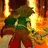 Pixelated figure with green top and red lower body against warm-toned background, featuring bright light effects on left and right sides.