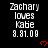 Pixelated text reads "Zachary loves Kabe 8.81.09" with red heart symbols on a black background, displayed in multiple repeated
