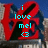 Pixelated red figure with black accents against blue and gray background, displaying cyan text "i love mel <3" in stacked lines.