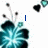 A teal flower with black accents and white sparkles appears in four , each showing different text: 'Love' top-right, 'Dance' bottom-left, a vertical blue line left-center, and no text right-center