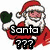 Animated Santa Claus icon with red suit, white beard, and green mittens holding a gift box above "Santa ???" text over Christmas presents.
