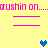 Yellow background with pink text 'crushin on...crushin on...' repeated twice, two horizontal lines under each text block, and three pixelated hearts in blue and light blue.