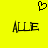 Yellow background with black pixelated text 'ALLE' on left and right, and a pixelated heart symbol above center.