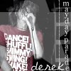 A grayscale image of a person in a maroon shirt with white text, holding a phone to their ear, with 'derek' written in cursive at the bottom right.