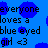 Blue background with pixelated black text reading 'everyone loves a blue eyed girl <3' and scattered solid blue circular shapes.