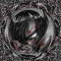 Circular metallic object with swirling dark interior and red accents, repeated in a pattern on textured background