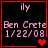 Four display a black background with pink text reading 'ily', 'Ben Crete', and '1/22/08' alongside red heart symbols that change from one to two hearts across the sequence
