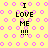 Yellow background with pink circular patterns and black text reading "I LOVE ME !!!!" in four identical arrangements.