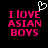 Pixelated text 'I LOVE ASIAN BOYS' in bright pink on black background with a white heart cursor above the word 'LOVE'.