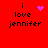 Red background with black text 'i love jennifer' and four distinct purple pixelated symbols in a