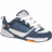 Pixelated image of a dark blue athletic shoe with white accents and orange details on the sole, viewed from an angled perspective against a plain background.