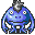 Four pixelated blue creatures with gray helmets, white eyes, and black mouths arranged in a on gray background