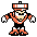 Six pixel-art character poses in orange and black attire with white accents, displayed in two of three on a gray background