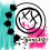 A digital image with a blue background, pink text phrases, and a small circular icon on the left featuring black dots and abstract shapes.