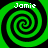Four identical green and black spiral patterns arranged in a , each with the text 'Jamie' above it
