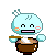 Animated contact sheet of a light blue cartoon blob character with pink cheeks and small antennae, holding a brown bowl while performing various actions like eating, drinking, and smiling across 15 frames arranged in a 4x4 grid.