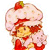 Pixelated cartoon character with red hair and yellow face wearing a pink outfit with white trim, topped by a strawberry on the head.