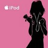 Silhouette of a person with headphones holding a device against a pink background with an Apple iPod logo.
