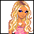 Pixelated cartoon woman with long blonde hair and blue eyes in pink dress, holding pink heart-shaped bag, wearing dark pants with pink belt, standing against white background.